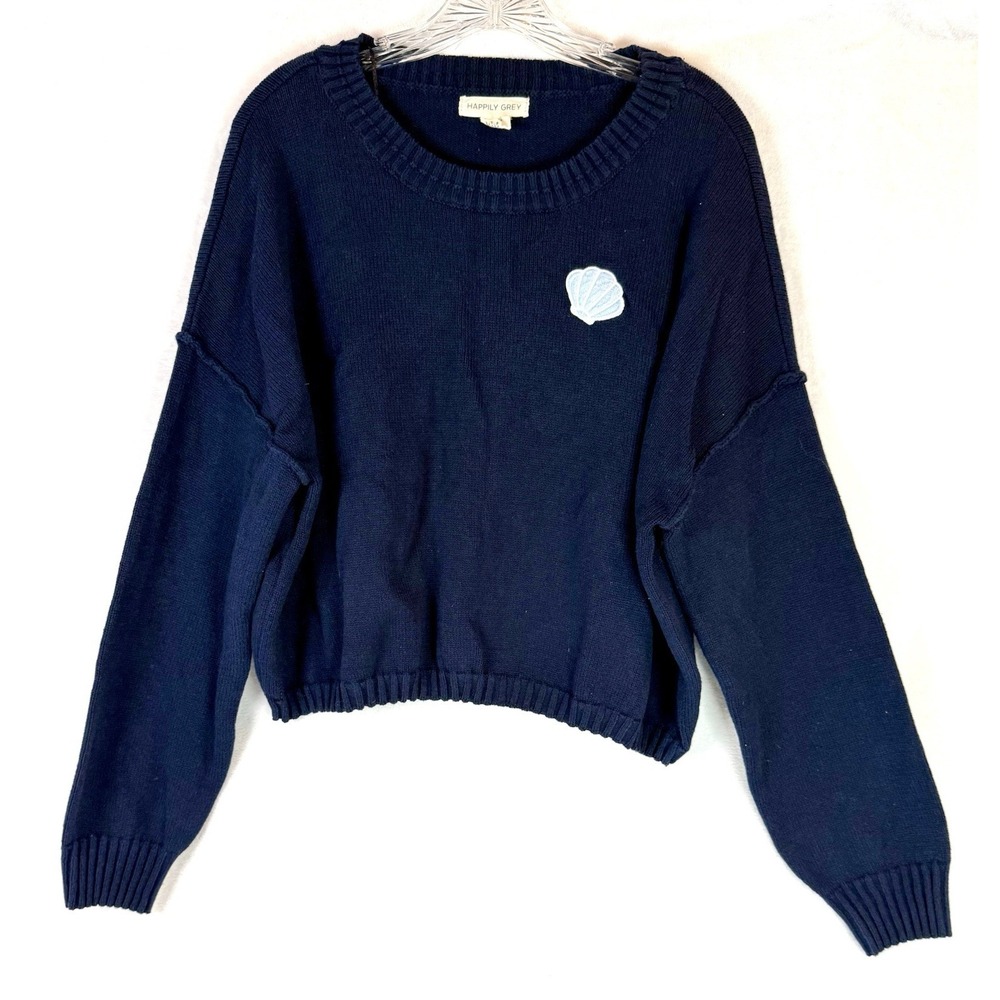 Happily Grey Navy Blue Sweater coastal beachy cropped with Shell Detail size‎ XL